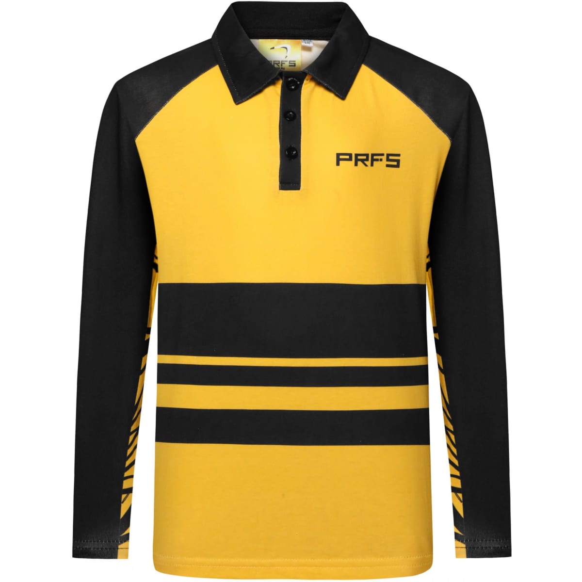 A long-sleeved polo shirt featuring black and yellow panels with stripes. The shirt has a collar and buttons, with a logo.
