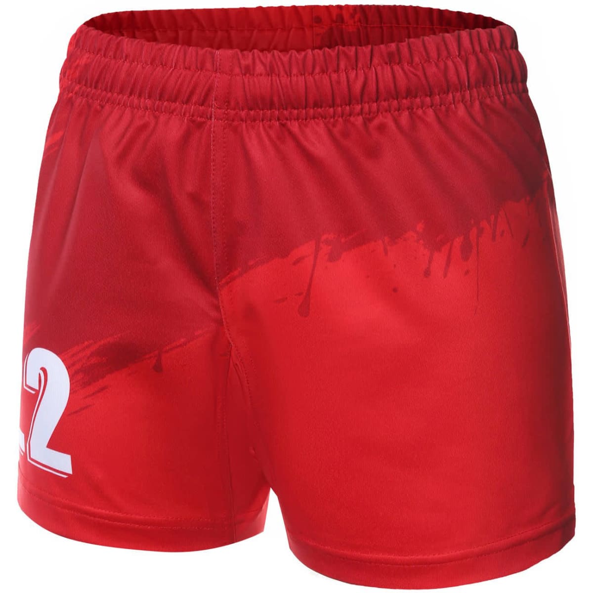 Red rugby uniform women's shorts with a gradient design and a logo on the front.