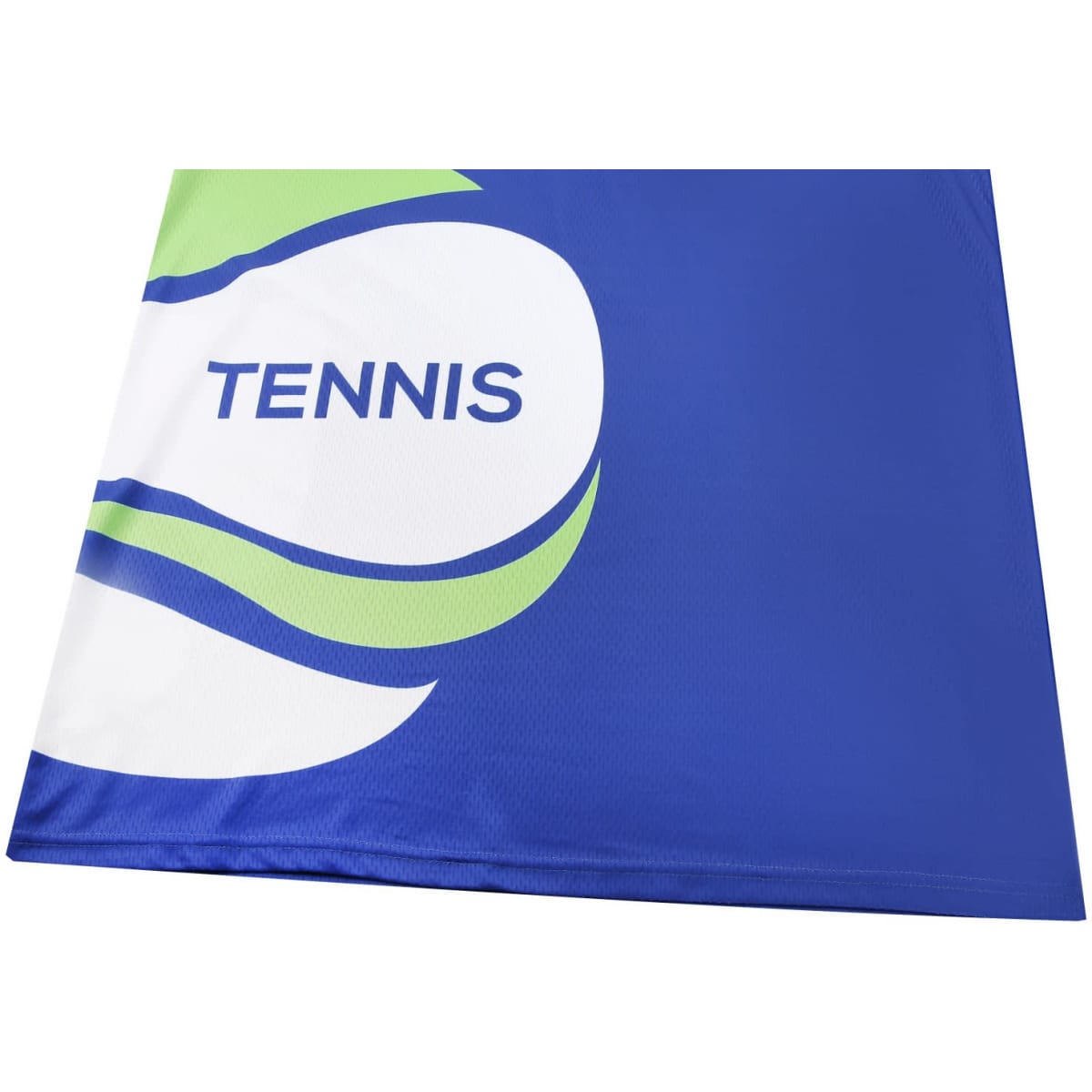 A blue polo shirt featuring a green and white design with the word "Tennis" displayed prominently.