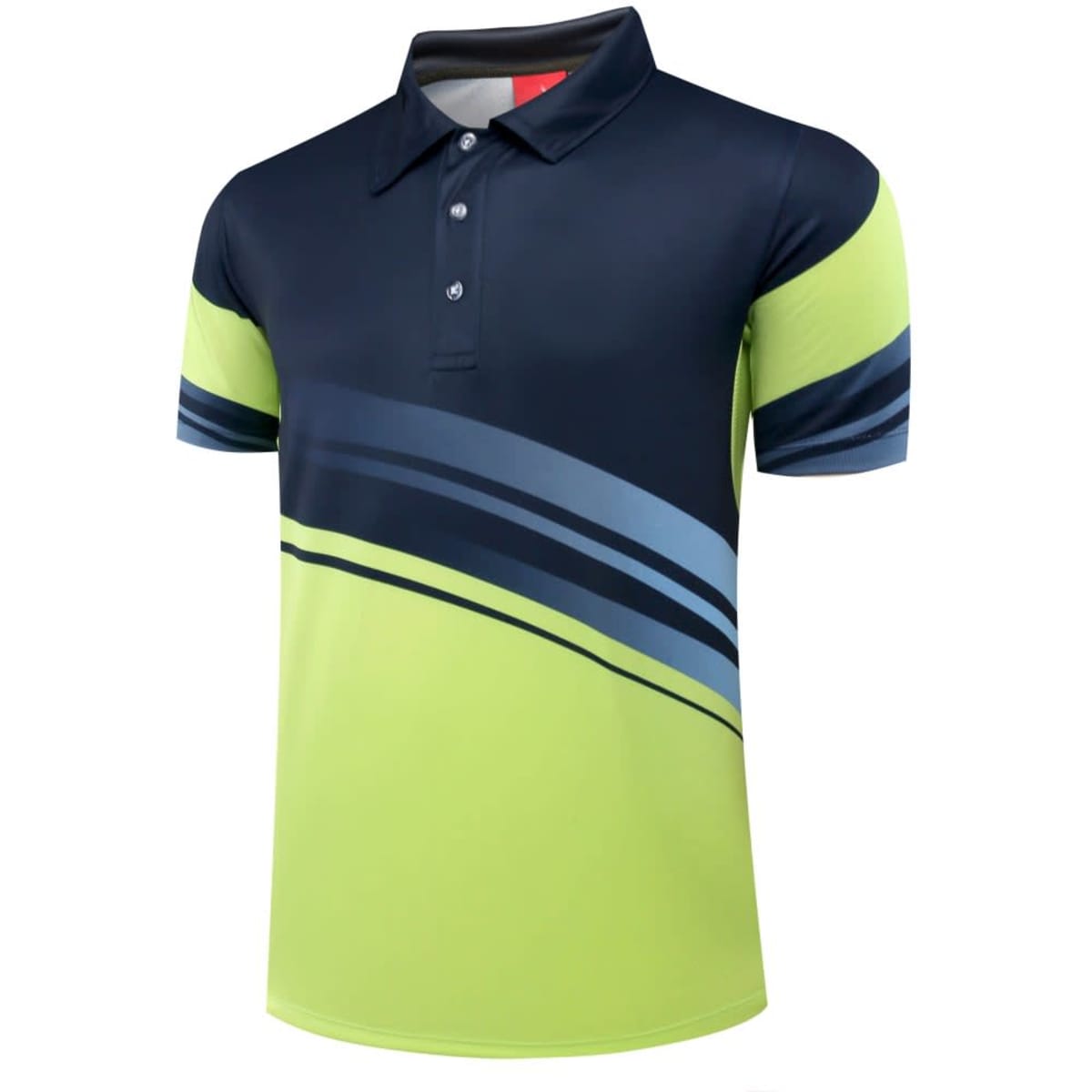 A polo shirt in navy, lime green, and light blue with a modern striped design and a collar. It features a logo.