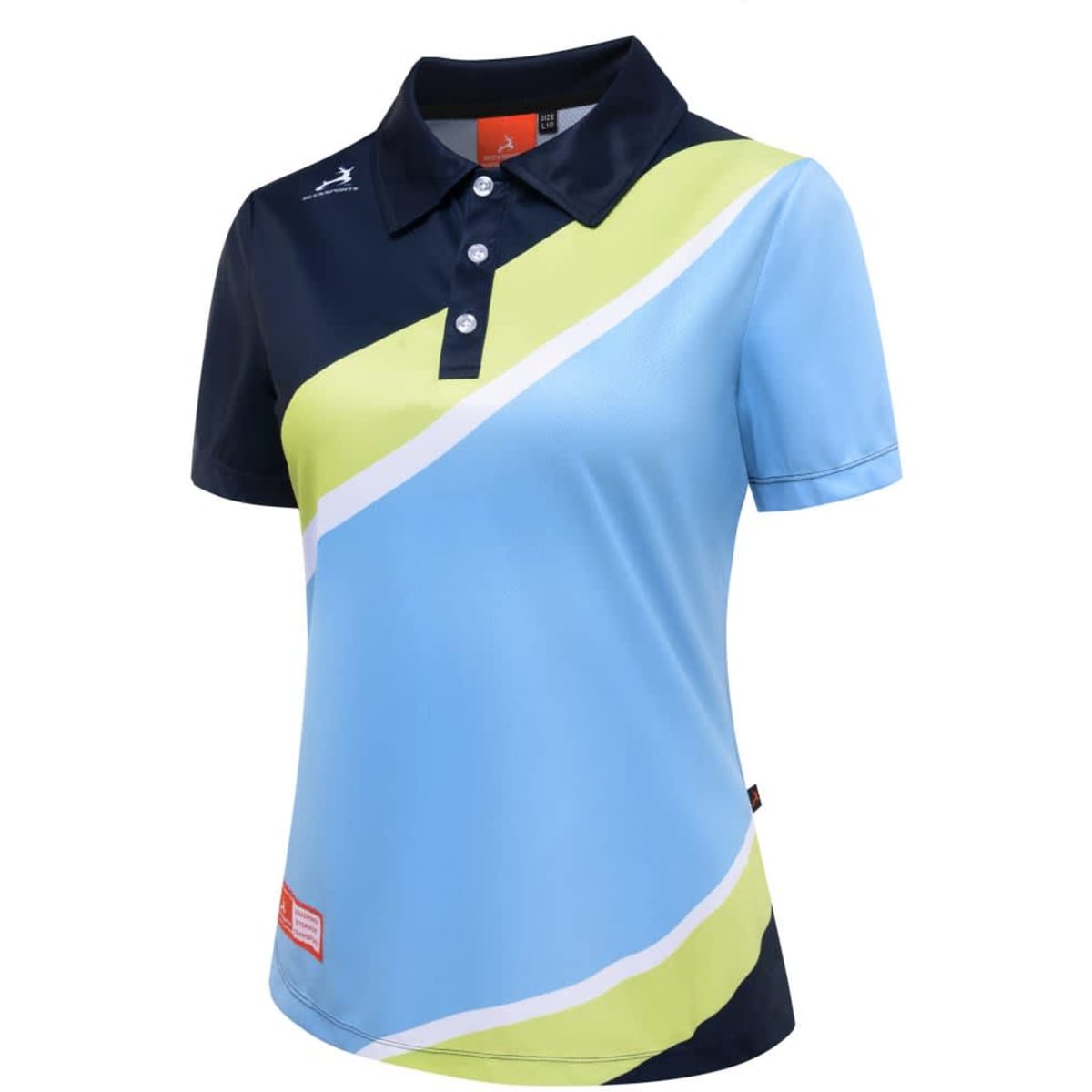 A women's polo shirt featuring light blue, navy, and lime green colours, with a subtle logo and buttoned collar.
