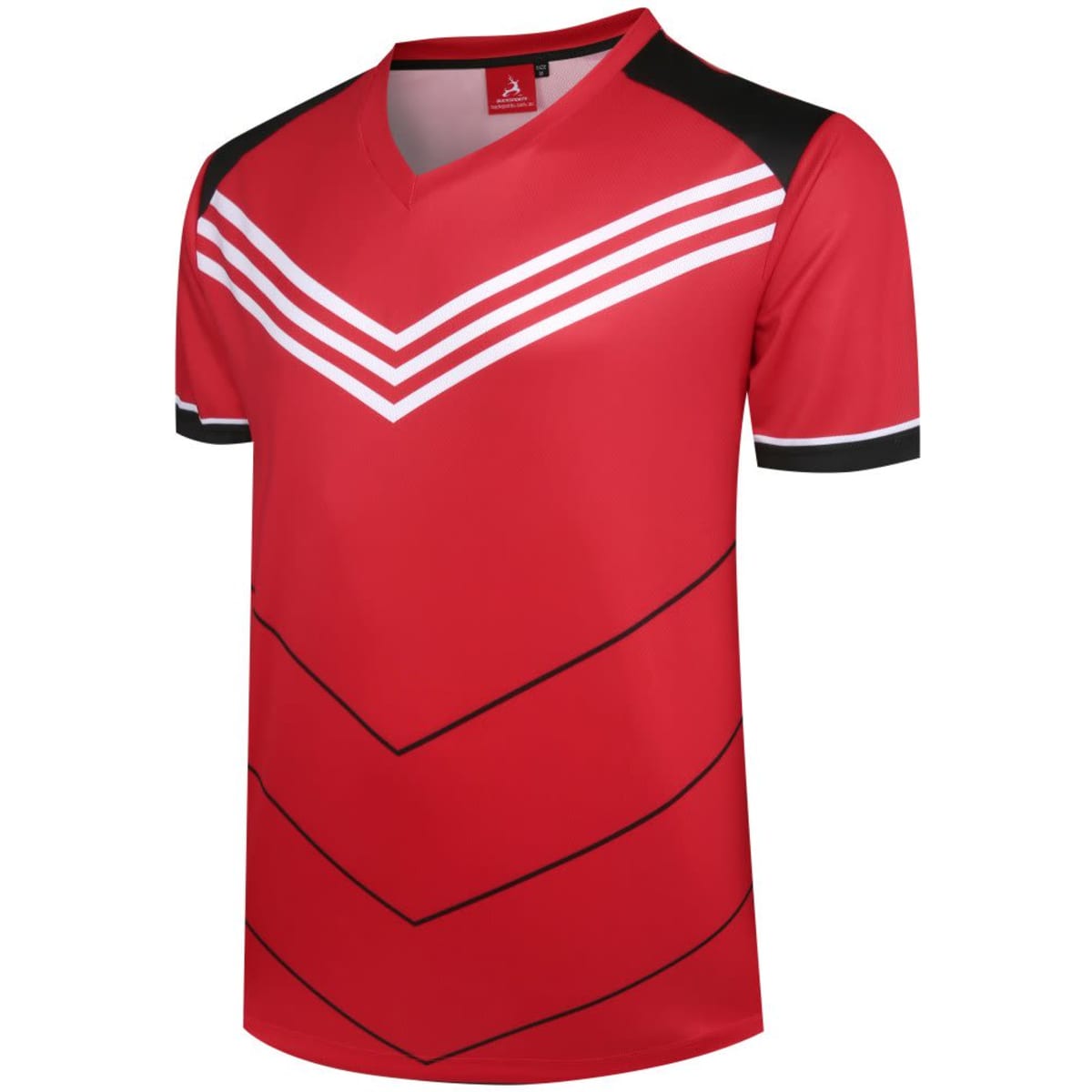 A red custom apparel shirt with white chevron stripes and black accents. Features a branding logo on the collar.