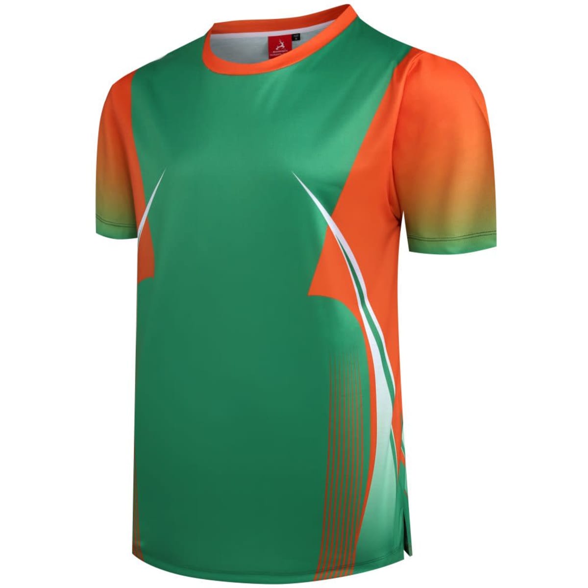 A customised T-shirt featuring a vibrant green and orange design with subtle graphic elements and a logo.