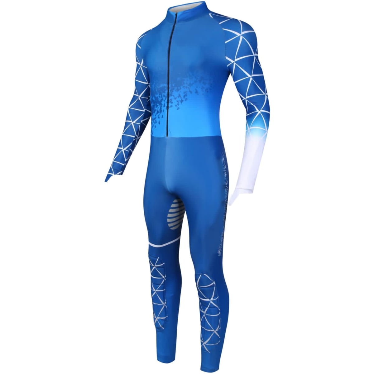 A short track speed skating suit in blue with a geometric design, featuring long sleeves and a zip front.