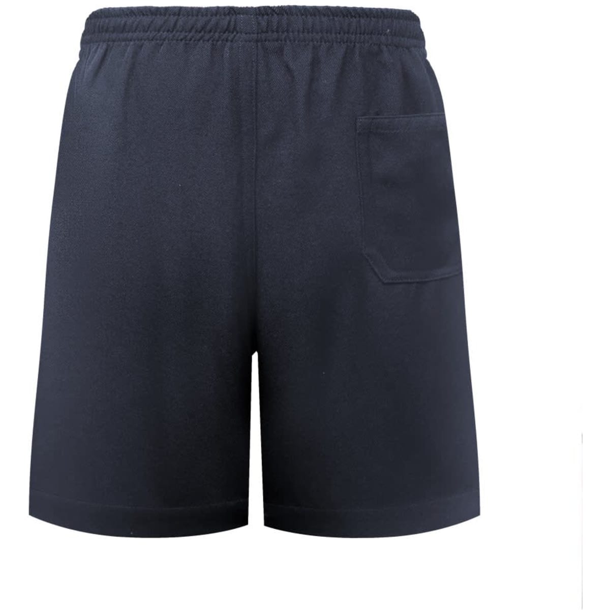 A pair of navy blue shorts featuring an elastic waistband and a back pocket. The item has a logo on it.