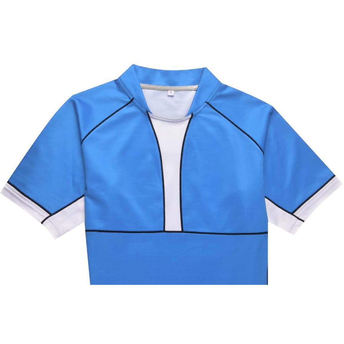 A blue rugby tee with white detailing and a fitted design, featuring a collar and short sleeves.