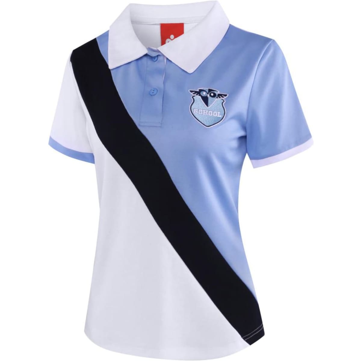 A girls' polo shirt in light blue, white, and black with a school logo on the chest.
