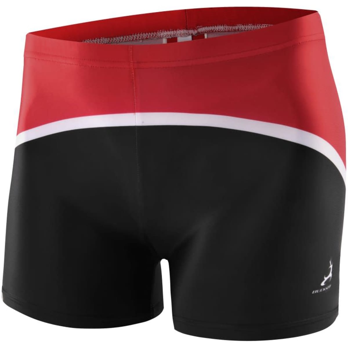 A pair of men's shorts featuring a design in red, black, and white with a logo on the side.