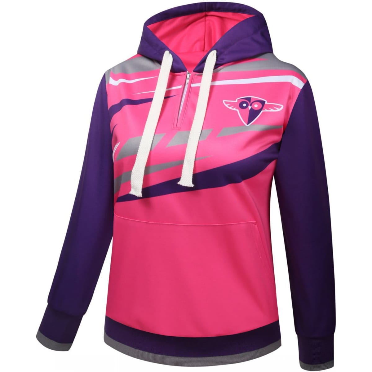 A 1/4 zip hoodie in shades of pink and purple with a hood and contrasting front design, featuring a logo.