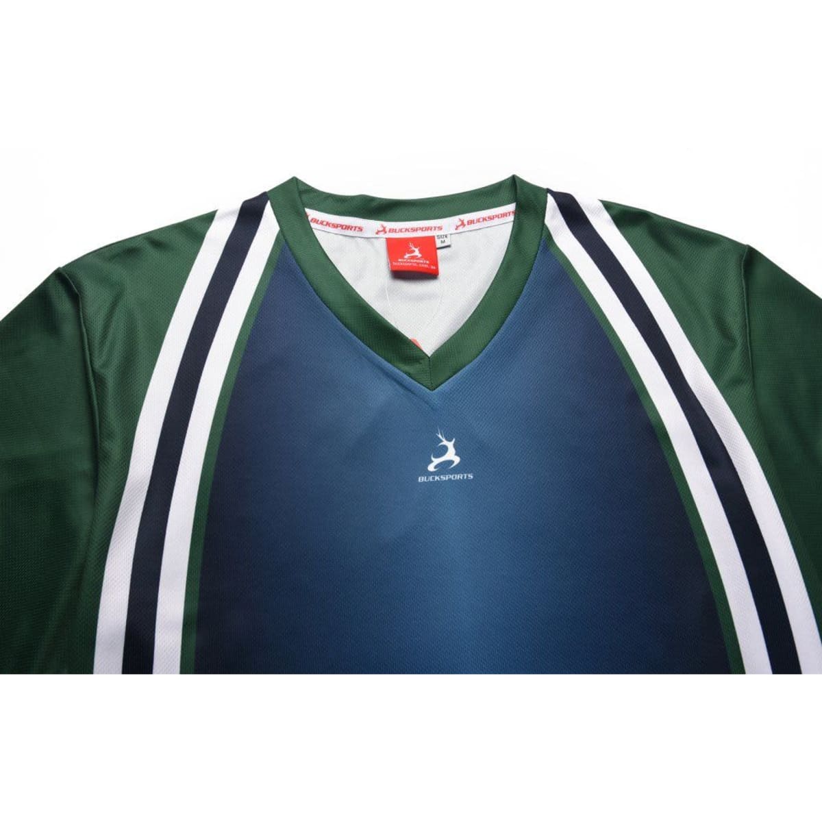A green and blue polo shirt featuring white and black stripes, with a logo on the front.