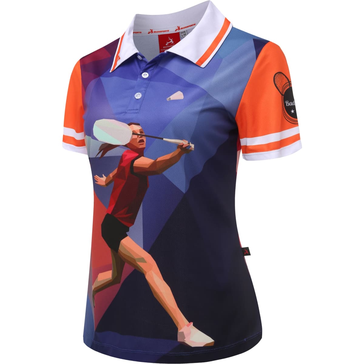 A short-sleeved badminton club uniform featuring a dynamic graphic in red, orange, and navy blue with a collar.