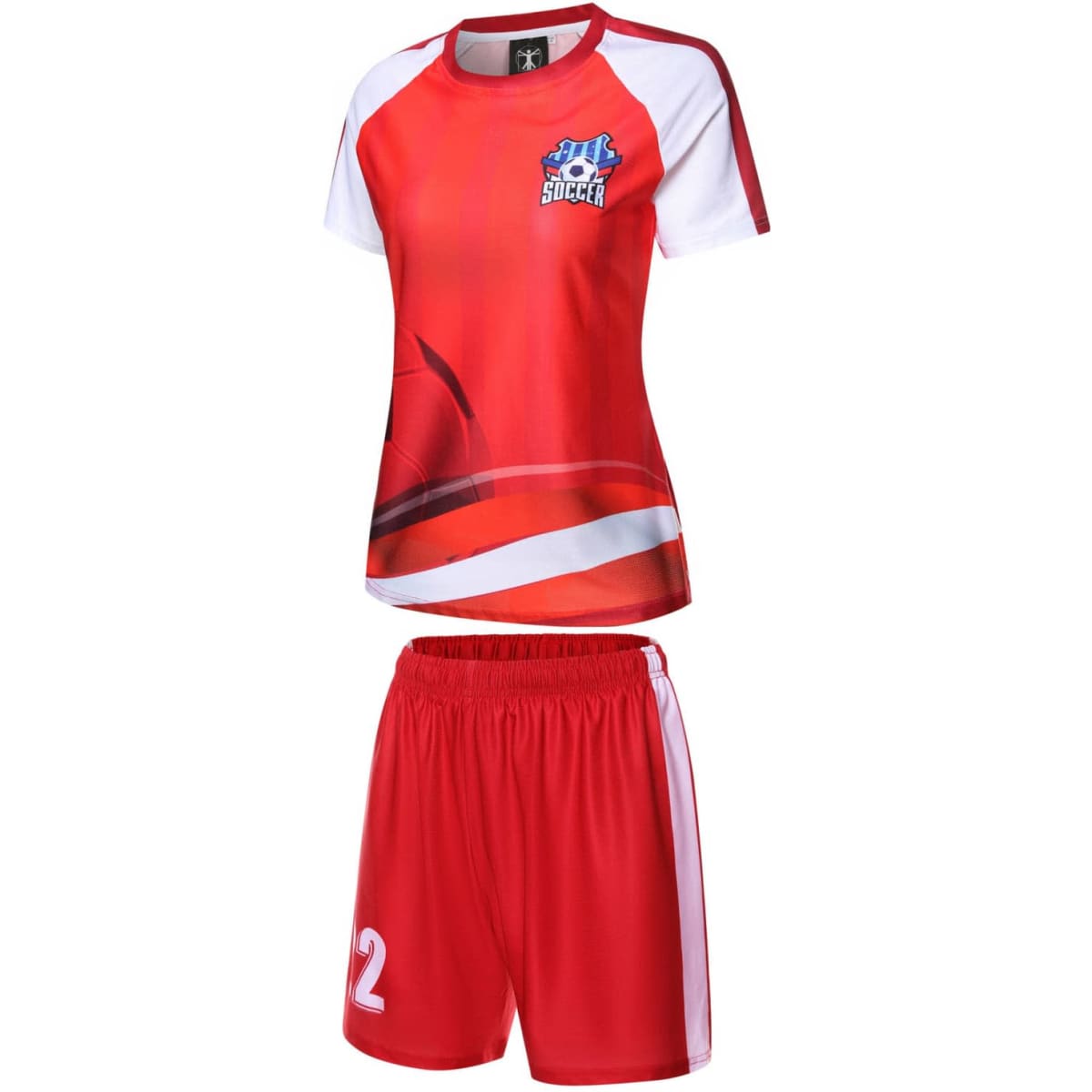 A red soccer uniform consisting of a jersey and shorts, featuring a logo and white accents.