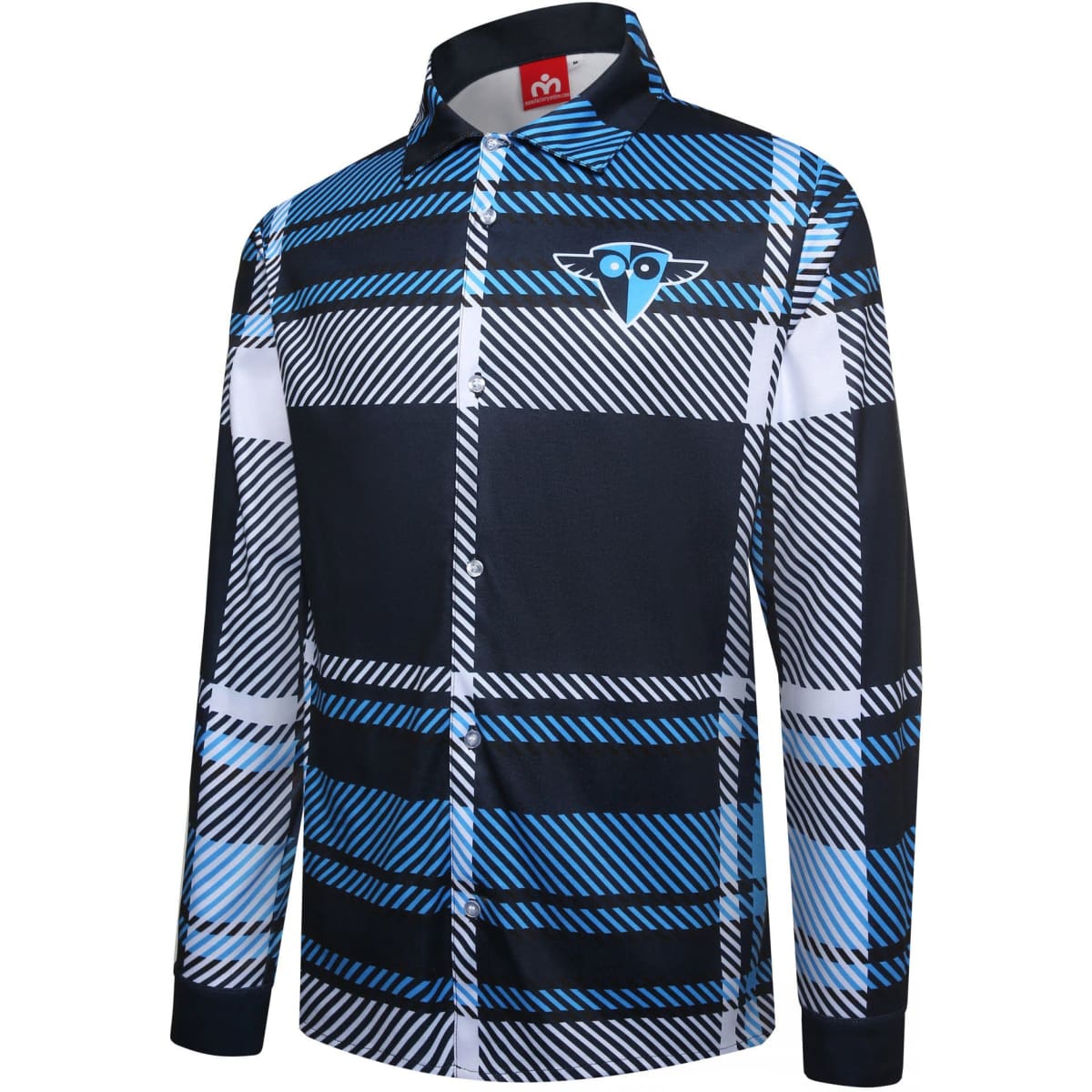 A long-sleeve flannel shirt featuring a blue and black plaid pattern, with a logo on the chest.