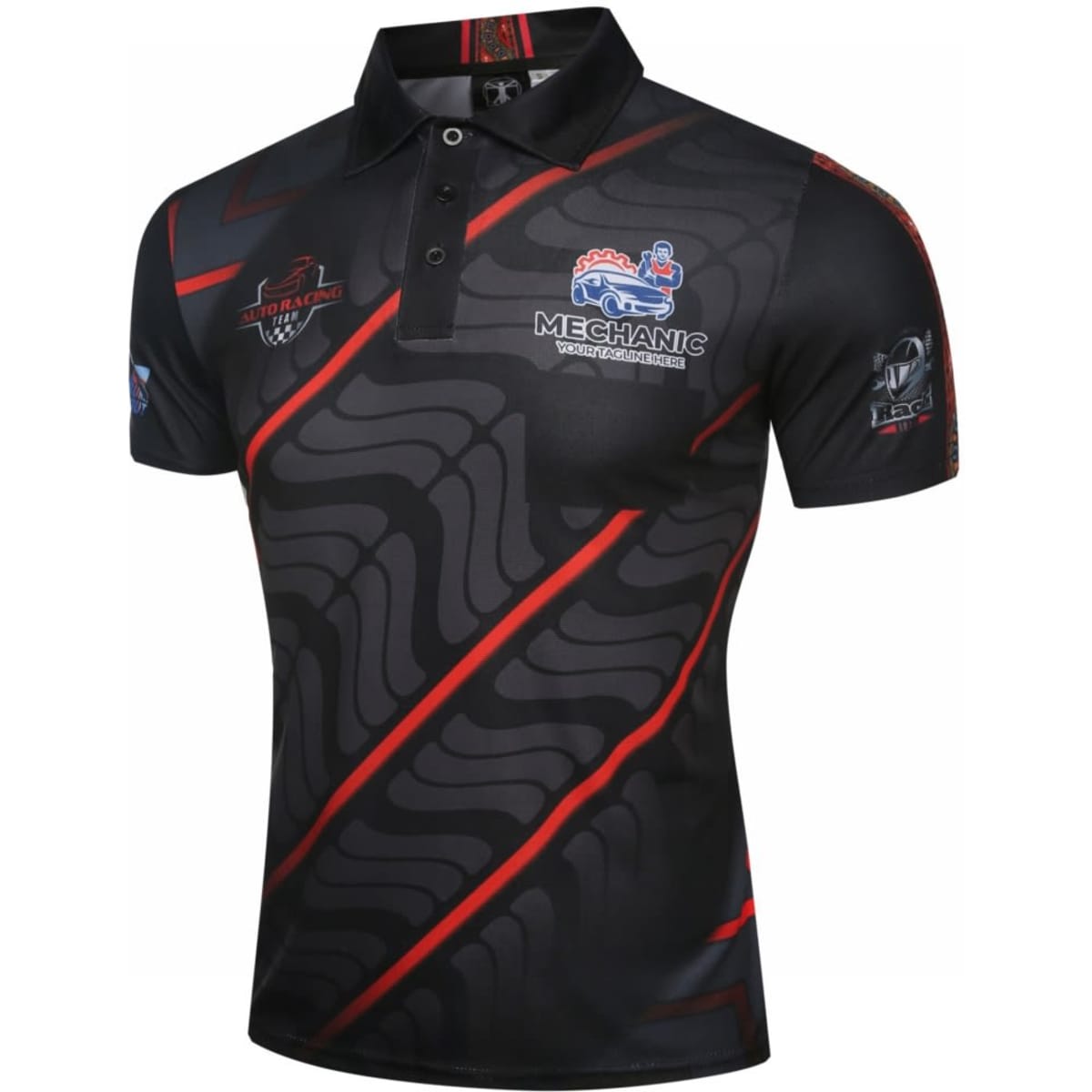 A black and red mechanic engineer uniform polo shirt with a logo and intricate design patterns.