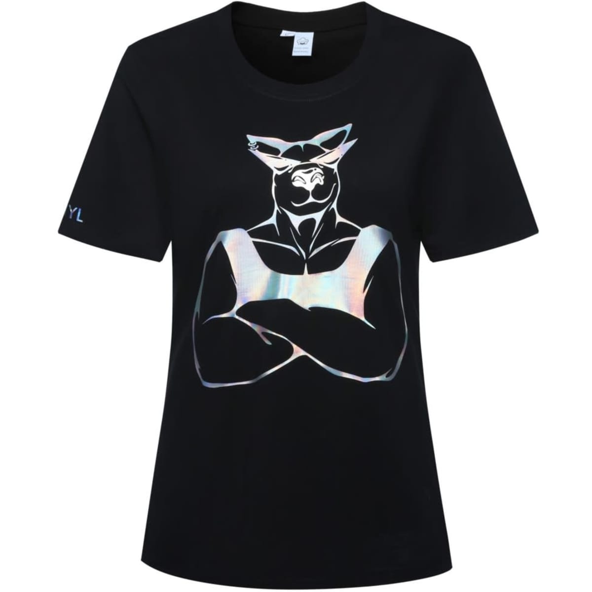 A black cotton t-shirt with a shiny, reflective graphic design featuring a muscular figure. The shirt has a logo on the sleeve.