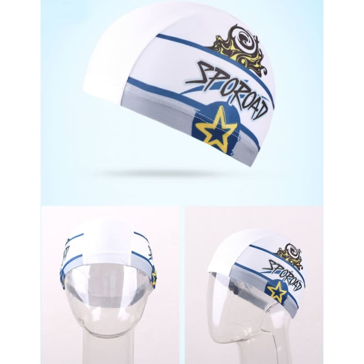 A white swimming cap featuring blue stripes and a logo, displayed on a clear mannequin head.