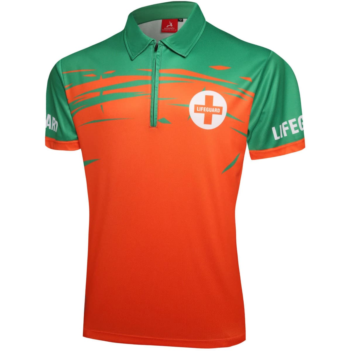 A vibrant orange and green polo shirt with a collar and a logo, featuring a zip closure.