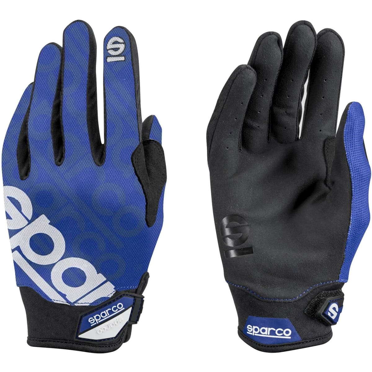 A pair of gloves featuring black and blue colours, with a logo and branding elements.
