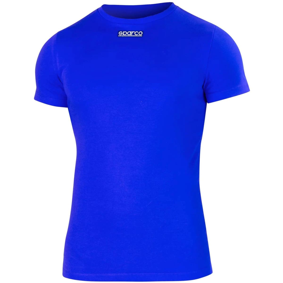 A blue short-sleeved T-shirt with a logo on the chest.