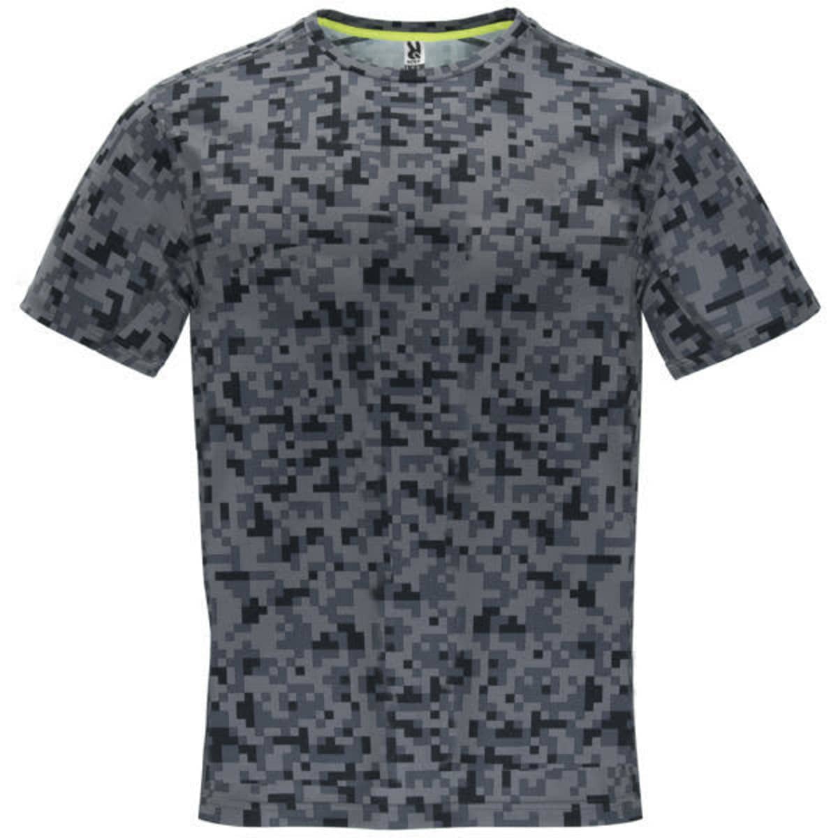 A grey camouflage t-shirt with a digital pattern and a logo on the front, featuring short sleeves.