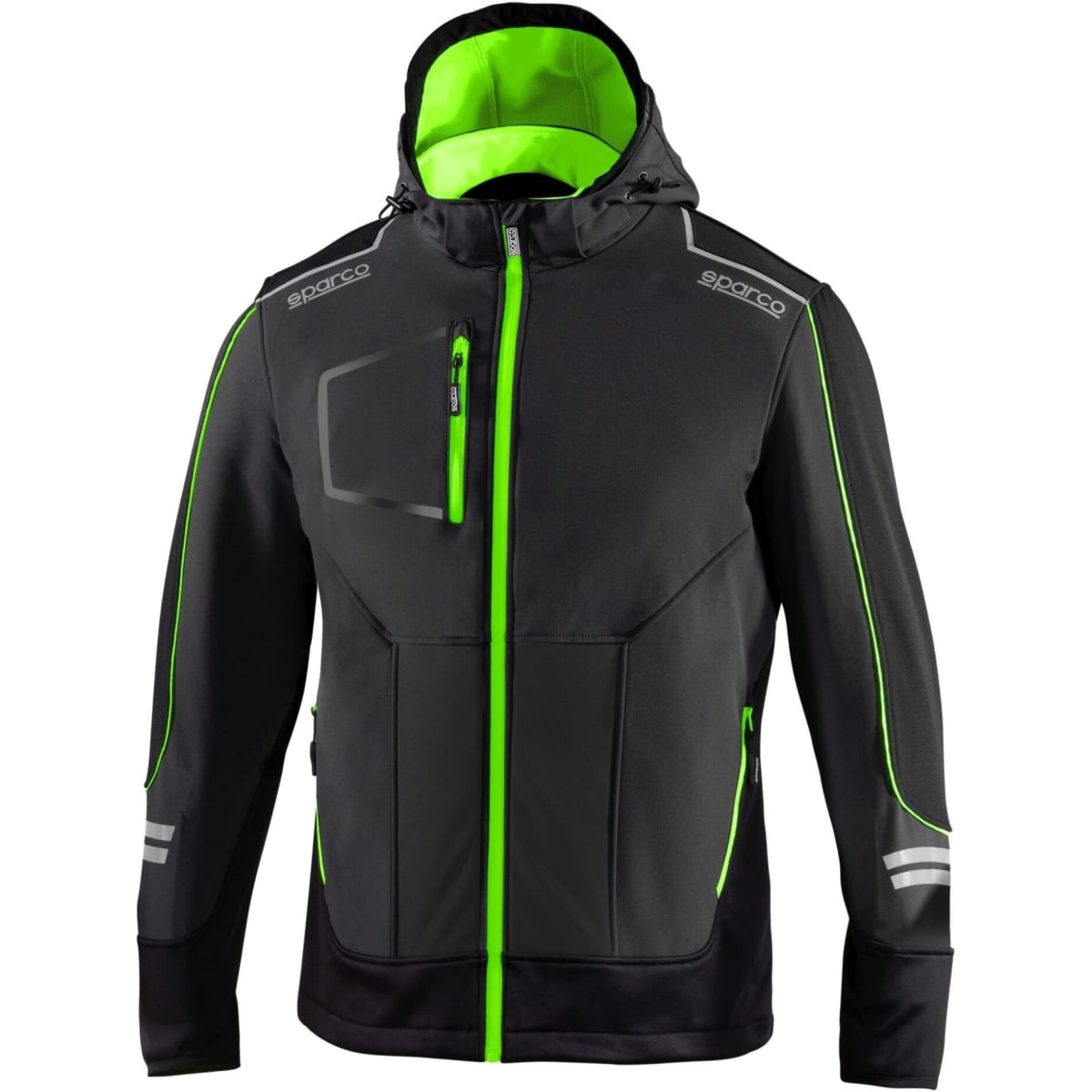A black soft-shell jacket with green accents and a hood, featuring a logo and reflective elements.