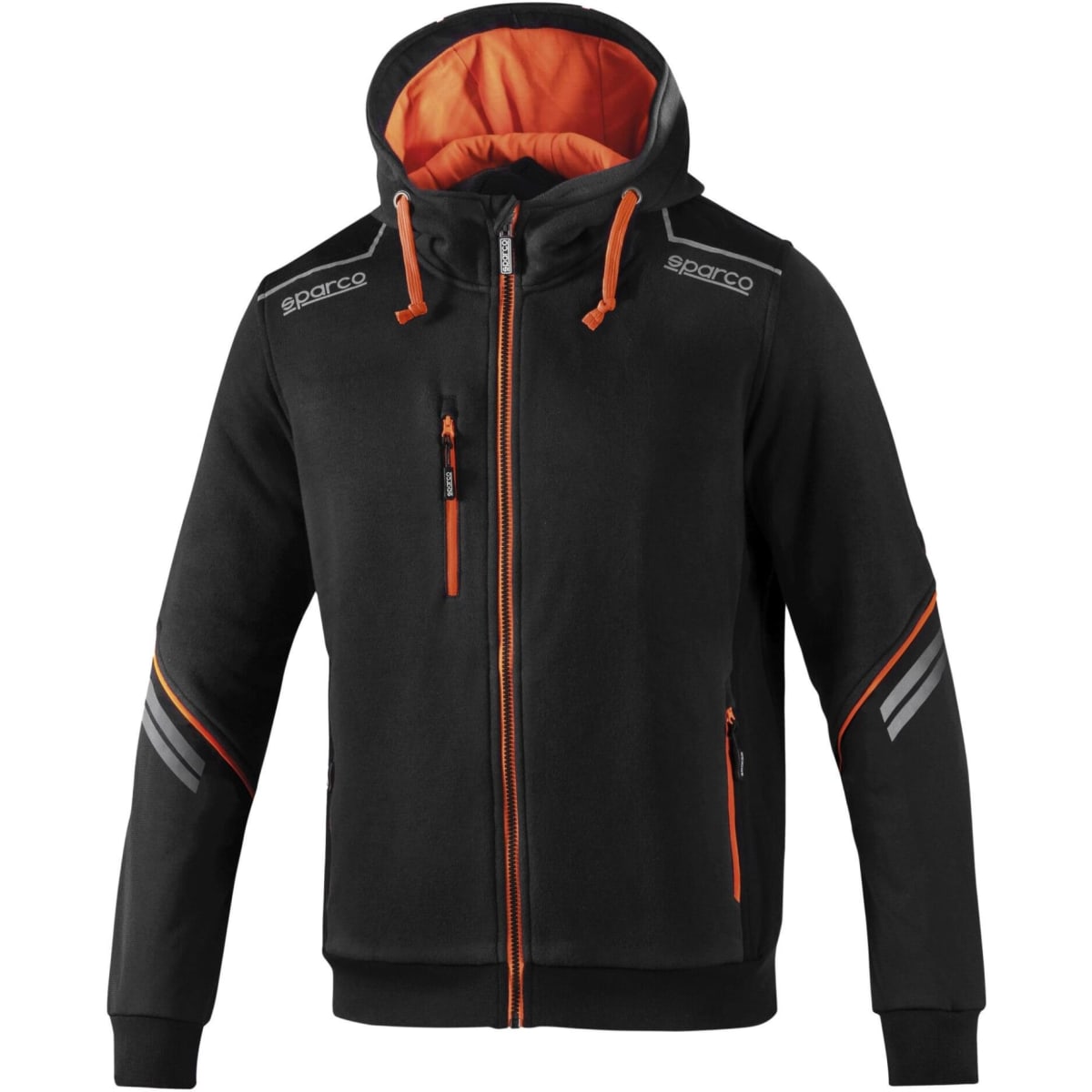 A black hooded jacket with orange accents, featuring a full zip and reflective details, including a logo.