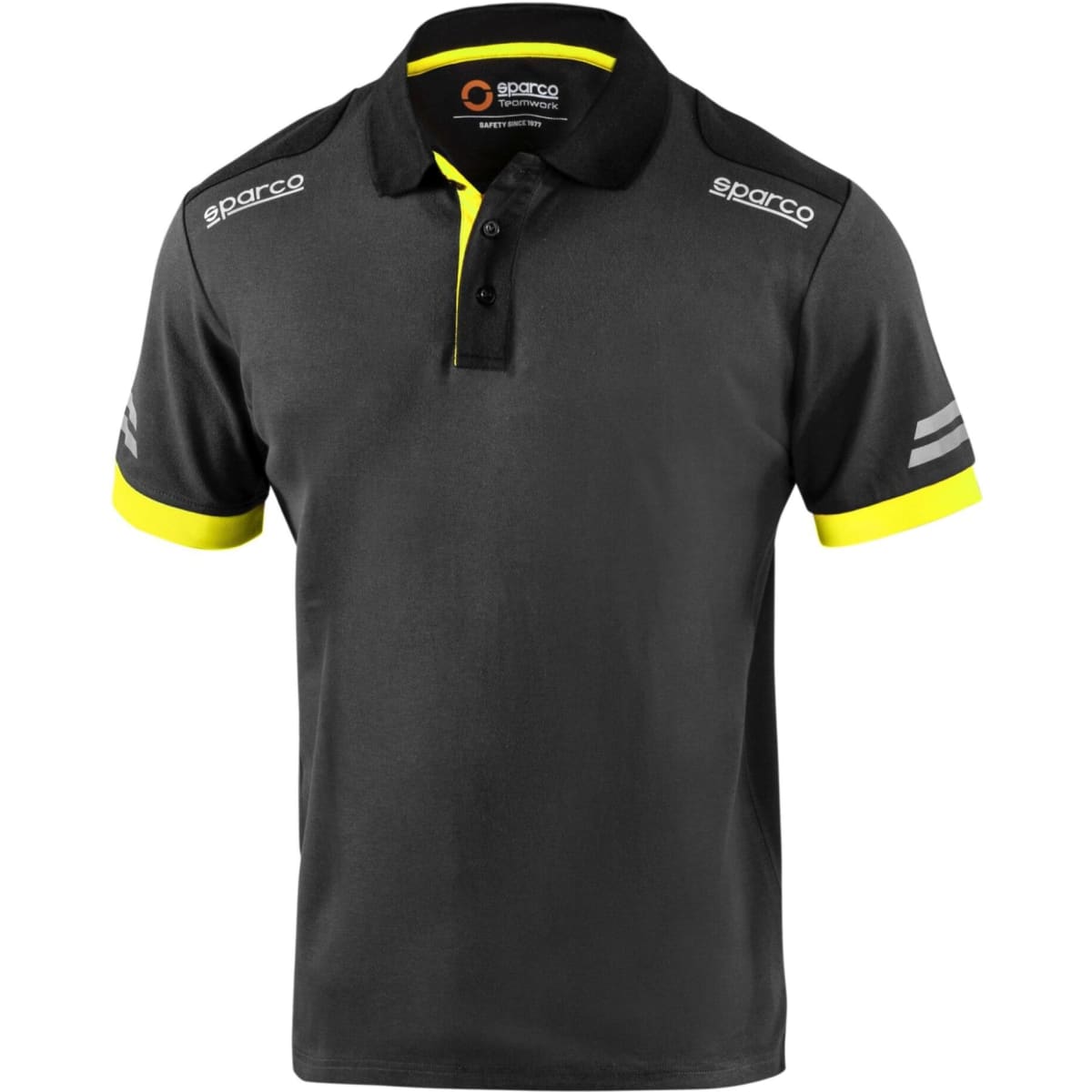 A black polo shirt with yellow accents on the collar and sleeves, featuring a logo.