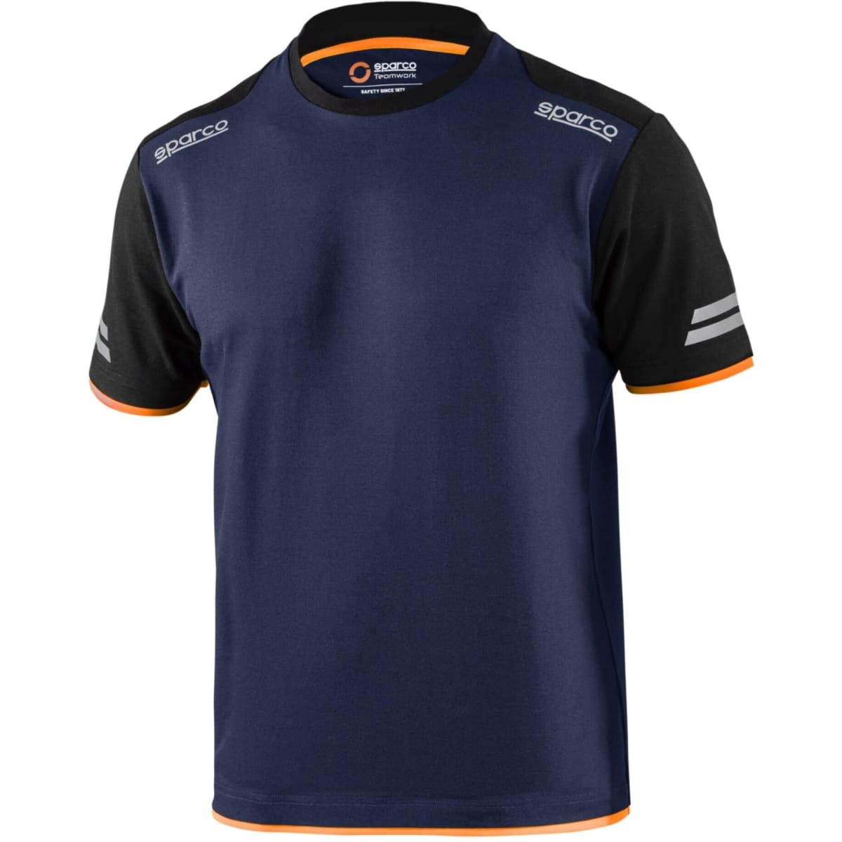 A navy and black t-shirt with orange accents and a logo on the chest and shoulders.