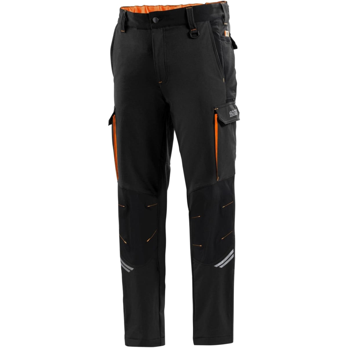 Oregon Tech Trousers in black with orange accents, featuring cargo pockets and reinforced knee panels.