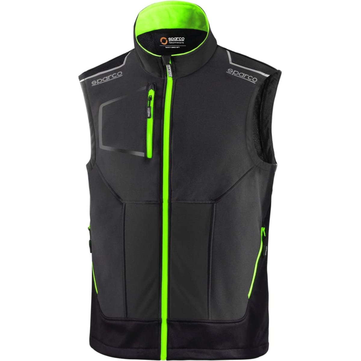 A sleeveless vest in black with bright green accents and a zippered front, featuring a logo on the collar.