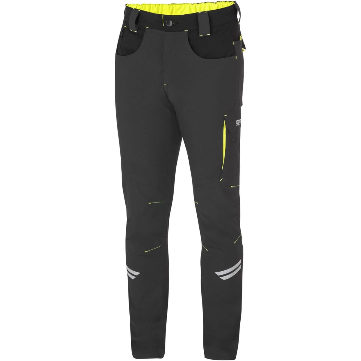 A pair of black trousers featuring yellow detailing and multiple pockets. The trousers have a logo and a belt.