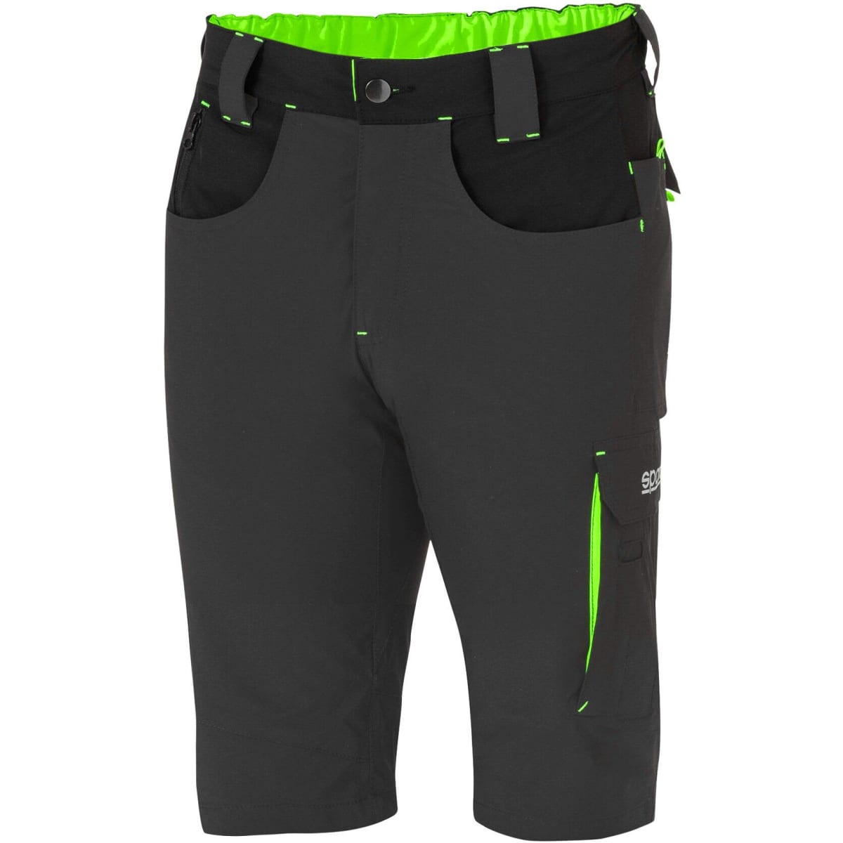 Light shorts in black with neon green accents and multiple pockets, featuring a stretchy waistband and logo.