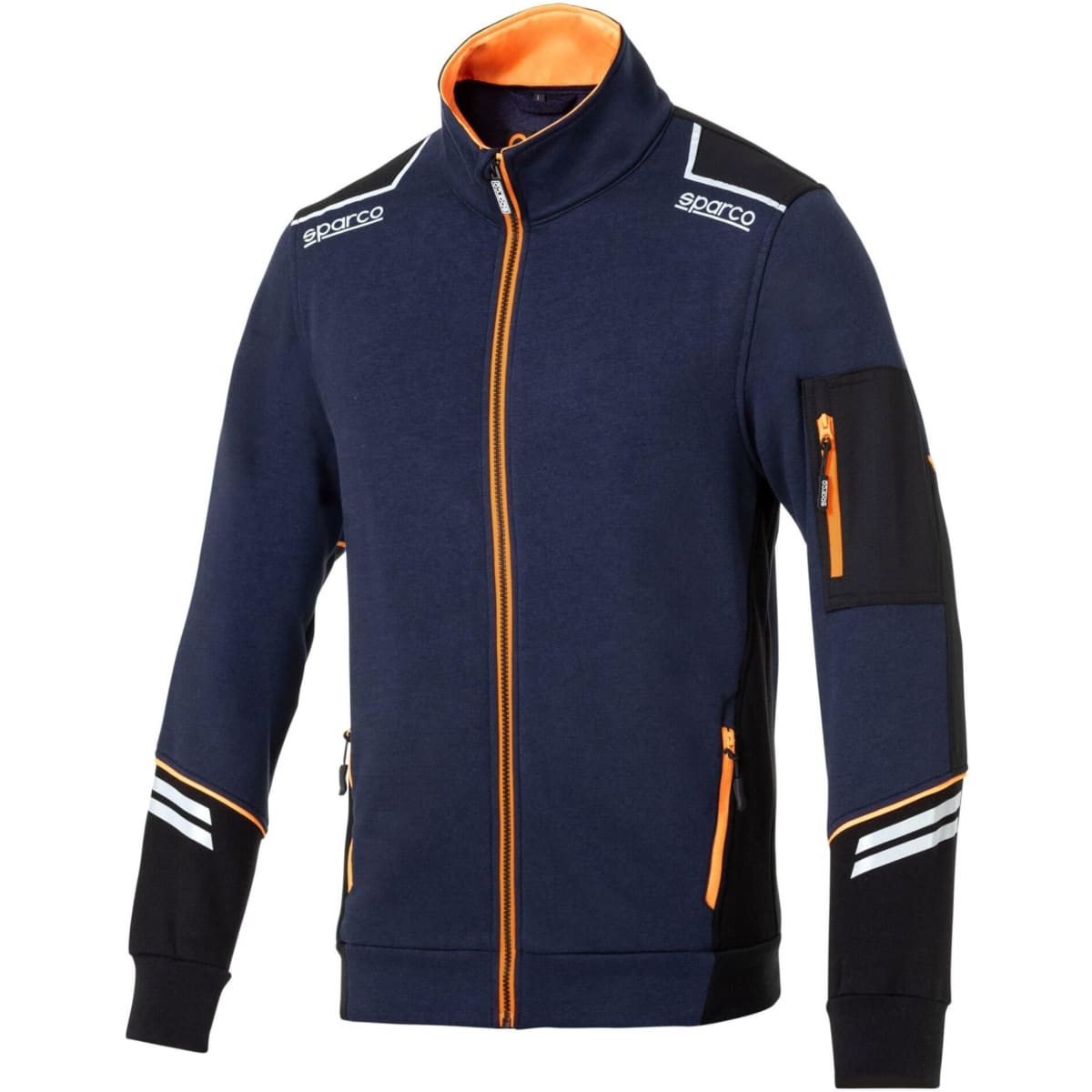 A full zip tech jacket in navy and black, featuring orange accents and a logo on the shoulder.