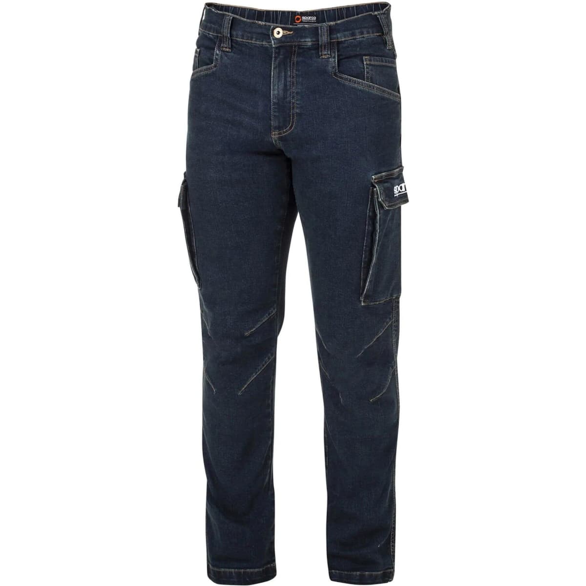 Denim jeans in navy blue with side pockets and a logo on one pocket.