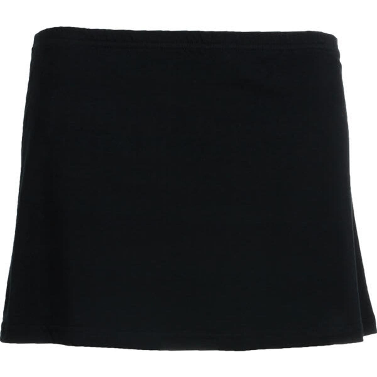 A black sports skort with a flared design, featuring an elastic waistband and a logo.