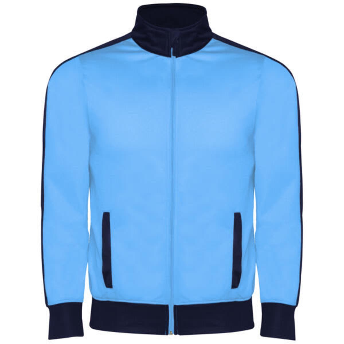 A blue tracksuit jacket with navy accents and side pockets. Features a high collar and zip closure.