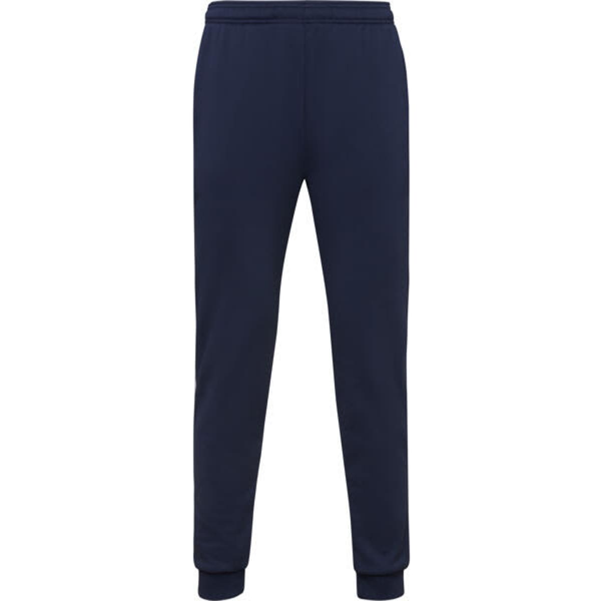 Navy track pants with an elastic waistband and cuffs, featuring a small logo on the front.