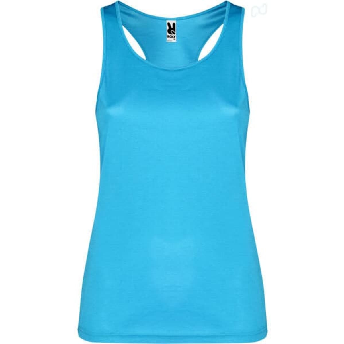 A blue tank top with a sleek design and a logo on the label. It features wide shoulder straps.