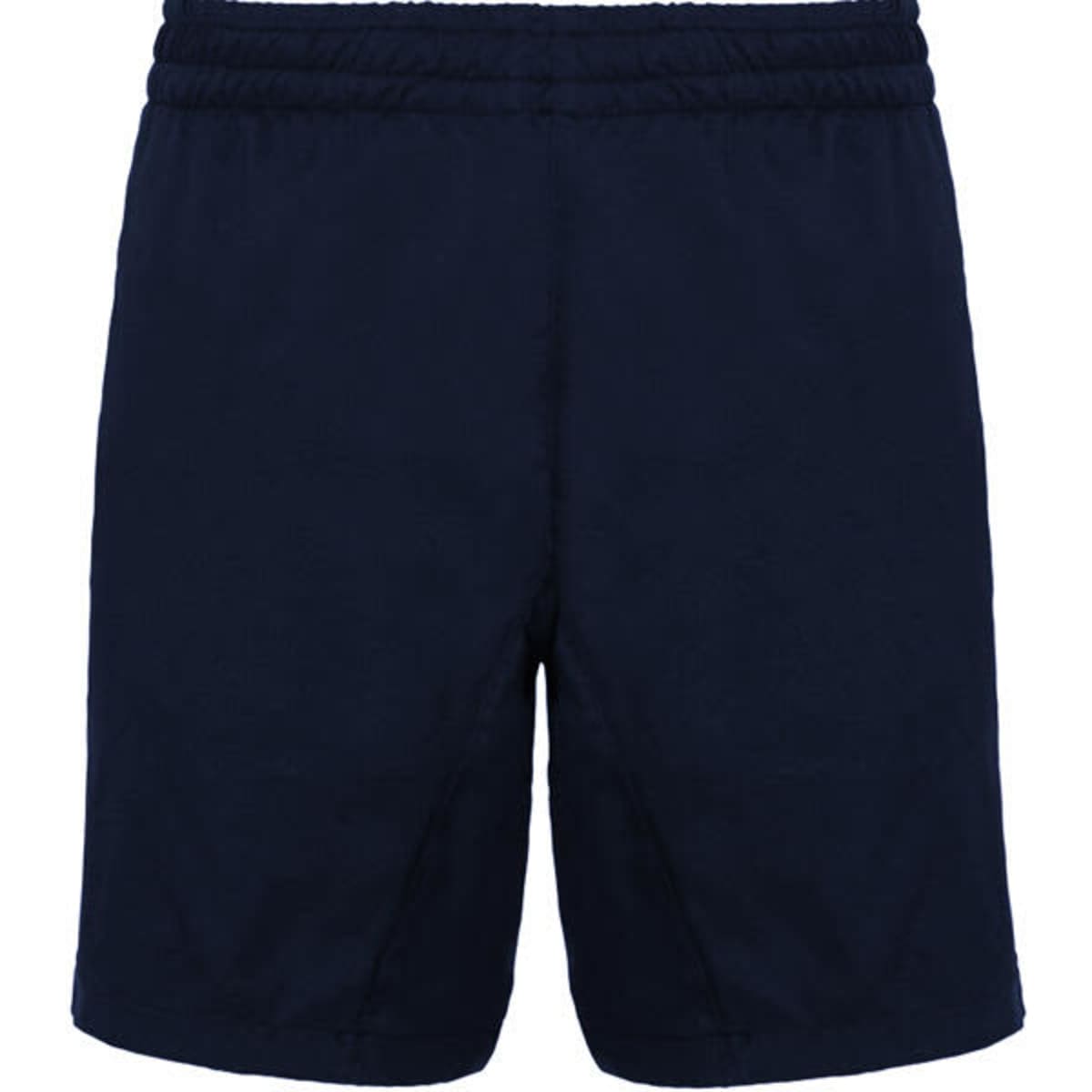 Navy blue sports shorts with an elastic waistband and a logo. Suitable for athletic activities.