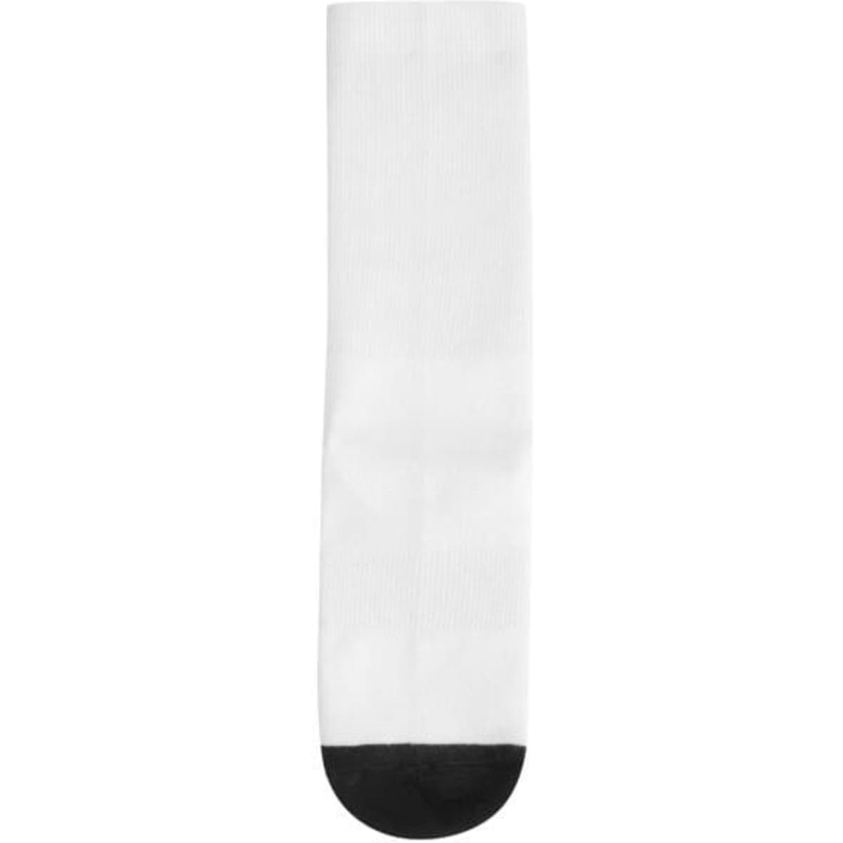 A pair of socks in white with a black toe. The socks feature a logo on one side.