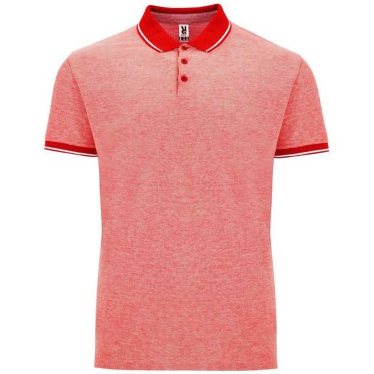 A red polo shirt with a heathered pattern and contrasting red collar and sleeve trims. It has three buttons and a logo.