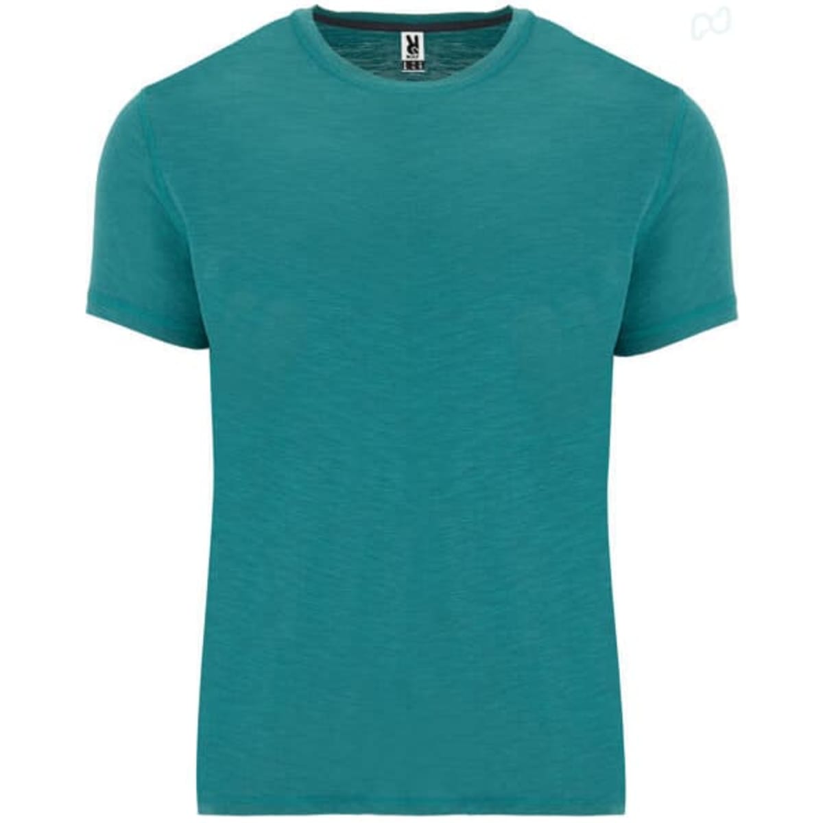 A teal T-shirt featuring a crew neck and short sleeves. The shirt has a label and a plain design.