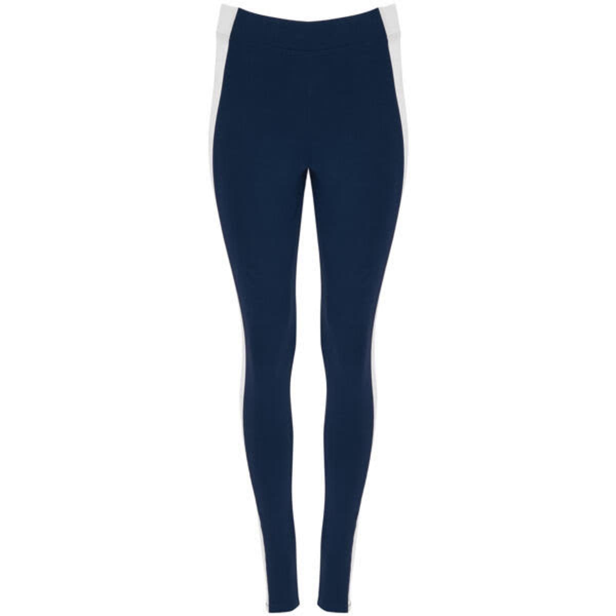 Navy leggings with white side panels, featuring a branded logo. Suitable for activewear or casual wear.