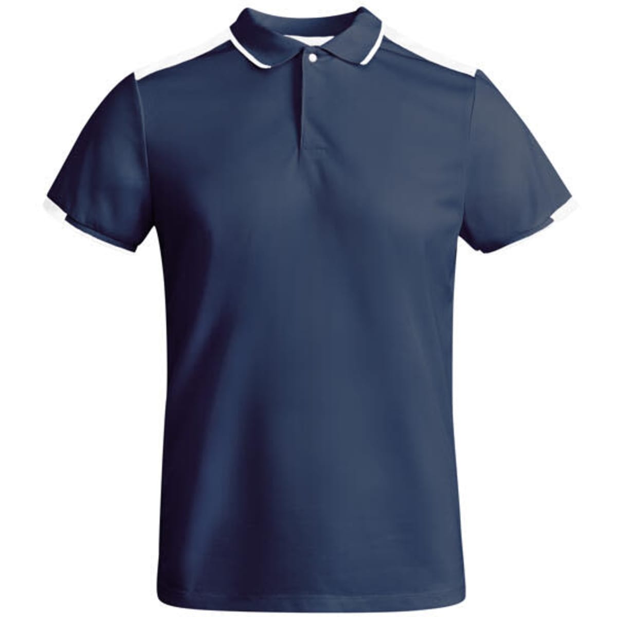 A navy polo shirt with white collar and sleeve trims, featuring a logo on the chest.