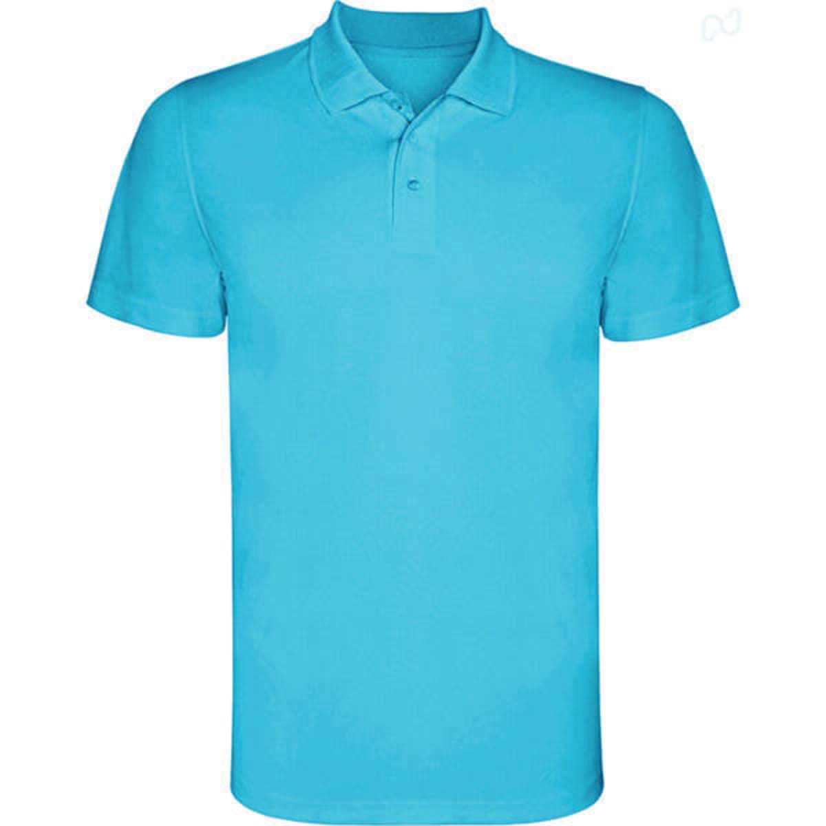 A light blue polo shirt with a collar and short sleeves, featuring a logo on the chest.