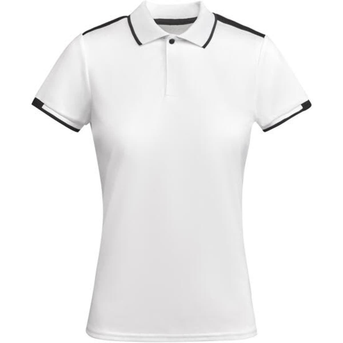 A white women's polo shirt with black accents and a contrasting collar, featuring a logo.