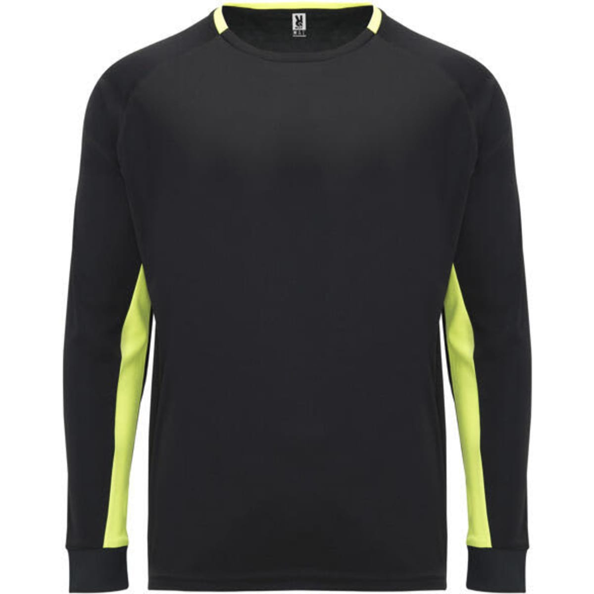 A long-sleeved T-shirt in black with neon yellow accents, featuring a logo on the front.