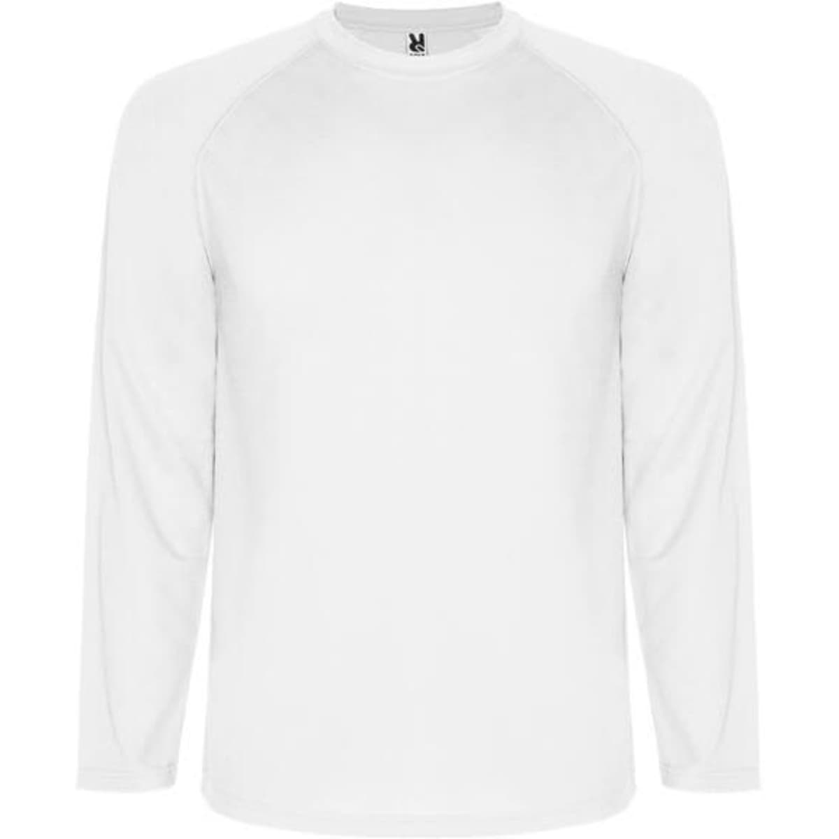 A white long-sleeved T-shirt with a logo on the collar and raglan sleeves.