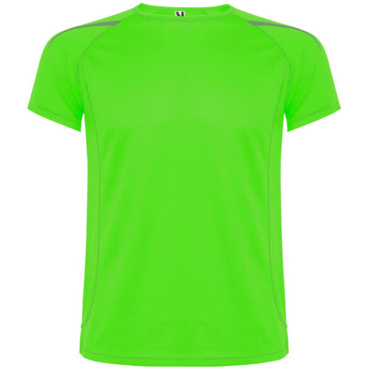 A bright green T-shirt with contrasting trim and a logo on the neckline.
