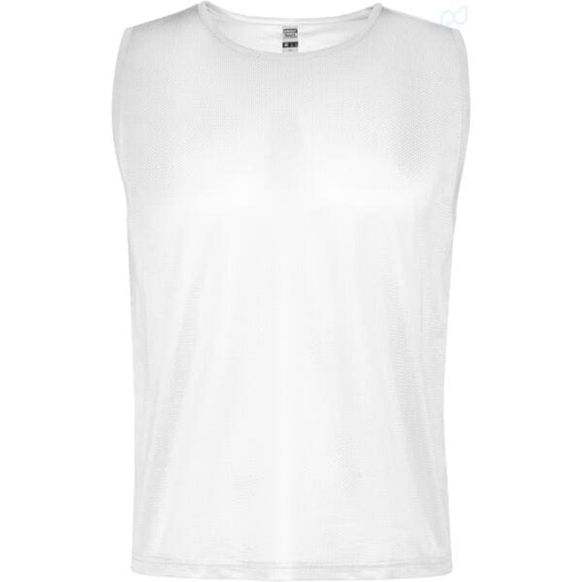 A white sleeveless bib featuring a breathable fabric and a label inside. It has a logo on the side.
